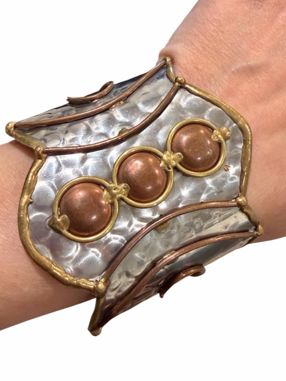 Vintage Brutalist Mixed Metal Cuff Bracelet – Handmade Copper, Brass & Silver